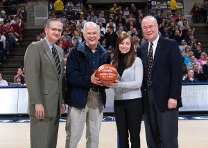 2009 Marshall Scholar, Michelle Prairie being honored at half time to celebrate her academic success.